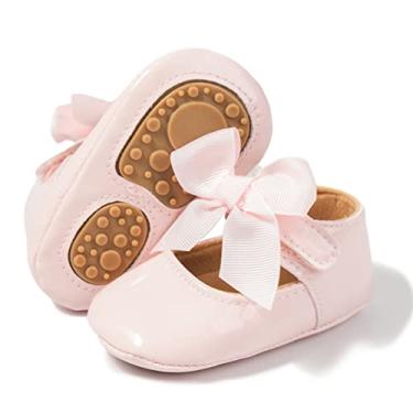 Imagem de Bellocasa Baby Mary Jane Sapatilhas para meninas com laço de algodão sola antiderrapante primeiro andador vestido princesa berço sapatos de casamento, A/Rosa, 6-12 meses