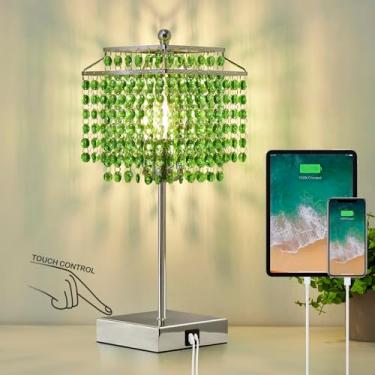 Imagem de Luvkczc Abajur de mesa de cristal com controle de toque, luminária de mesa de cristal de cabeceira com portas USB C + A, lâmpada regulável de 3 vias com sombra de cristal para quarto de meninas, sala