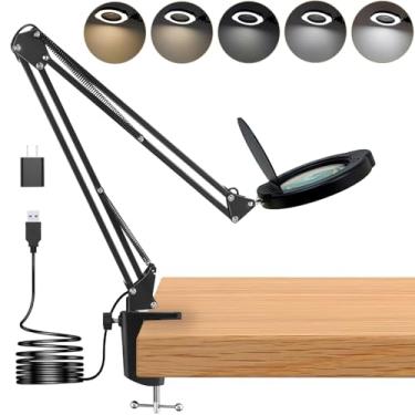 Imagem de Lâmpada de mesa de lupa de 15 x com grampo, lente de vidro real, 84 LEDs, 5 modos de cor regulável, lupa de lâmpada de LED com capa contra poeira, carregador USB, pano limpo, presente ideal para
