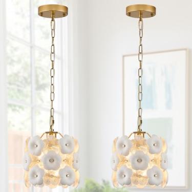 Imagem de Poemoon Luz pendente pequena flor moderna pacote com 2 unidades de luz pendente de vidro dourado com flores de cerâmica branca 1 luz para cozinha ilha pia sala de jantar entrada corredor, E26