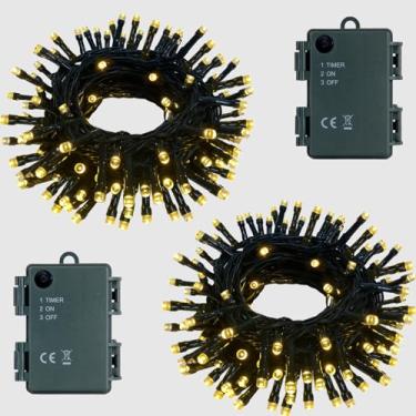 Imagem de C APPOK Pacote com 2 100 luzes de LED com temporizador, cordão de luzes de Natal ao ar livre, branco quente, à prova d'água, para árvore de Natal, guirlanda, festa, decoração interna de casa