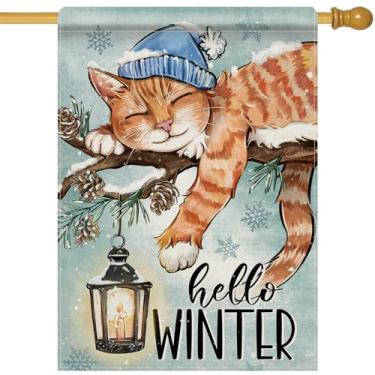 Imagem de Dyrenson Hello Winter Orange Cat 28 x 40 bandeira de casa dupla face, ramo de pinheiro lanterna jardim decoração quintal presente para amantes de animais de estimação, decoração de natal sazonal de
