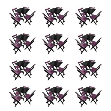 Imagem de Kit 12 Mesas De Madeira Dobrável Preto 70x70 Com 4 Cadeiras Dobráveis Roxo