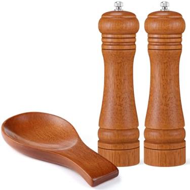 Imagem de Patelai Conjunto de 3 peças de bancada de cozinha, descanso de colher de bambu marrom escuro e moedor de pimenta de carvalho, ajustável, organizador de casa de fazenda de cerâmica para cozinhar