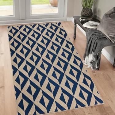 Imagem de USTIDE Tapete moderno de juta fácil 7,5 x 12,5 cm azul geométrico, tapetes de entrada, lavável, tapete de pátio, triângulo, interior, para sala de estar, sala de jantar, dormitório, deck varanda