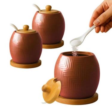 Imagem de Kit 2 Açucareiro Saleiro De Cerâmica Com Tampa De Bambu E Colher 250ml