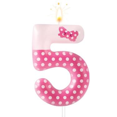 Imagem de Velas de aniversário com número de laço rosa, velas de aniversário de bolinhas rosa e brancas, decorações de aniversário de desenho de gato, enfeite de bolo para meninas, princesa, casamento,