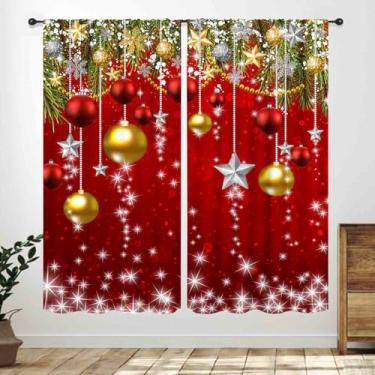 Imagem de Cortinas de Natal para sala de estar, flocos de neve bola de ouro vermelho Feliz Natal Ano Novo festa de inverno tratamentos de janela para quarto cozinha banheiro 2 painéis, 106 x 113 cm
