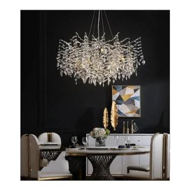 Imagem de RENDJGOU Lustre cromado de cristal prateado dourado luz suspensa villa luxuosa sala de estar lâmpada de sala de jantar lustres de galho de árvore LED, lustre de teto