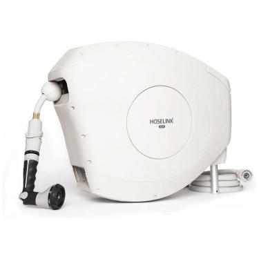 Imagem de Mangueira de Jadim 25M com Enrolador Retrátil, Bico Pulverizador de 8 Padrões, Estabilizada por UV sem Dobras, HOSELINK, Bege