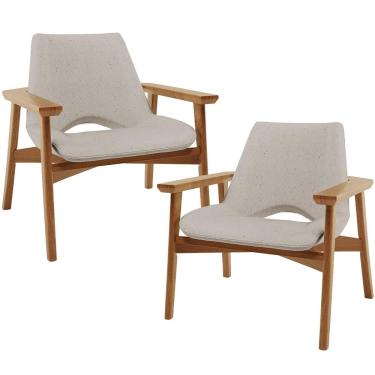 Imagem de Kit 02 Poltronas Decorativa Para Sala de Estar Living Base Madeira Becker L02 Linho Bege - Lyam Decor