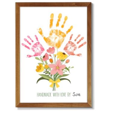 Imagem de QOUBAI Buquê de flores com impressão à mão, kit faça você mesmo, presentes de Natal de filha ou filho, crianças, adultos, lembrança de impressão à mão para mãe, avó, presentes de aniversário, festa de