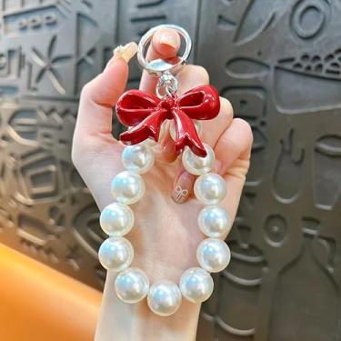 Imagem de Chaveiro criativo com laço de pérola, bolsa de mão, acessório, corrente de celular, enfeite de chave de carro (branco)