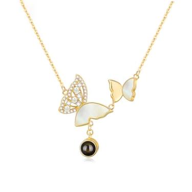 Imagem de Colar de borboleta feminino com pingente de borboleta dupla e pérola dourada delicada declaração boho longo strass moderno presentes de aniversário e Natal joias presentes, Sem Pedra Preciosa