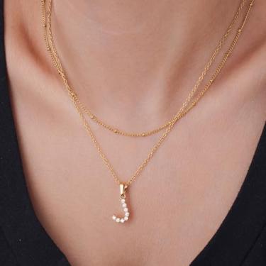 Imagem de Colar de letras em camadas douradas com pingente de pérola, colar com inicial personalizada em aço inoxidável, F, Aço inoxidável, Sem Pedra Preciosa