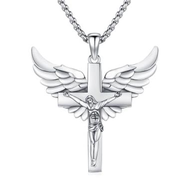 Imagem de TwoAnts Colar de crucifixo prata esterlina 925, pingente de cruz de Jesus, amuleto, joia cristã para homens e mulheres com corrente de aço inoxidável de 56 cm + 5 cm