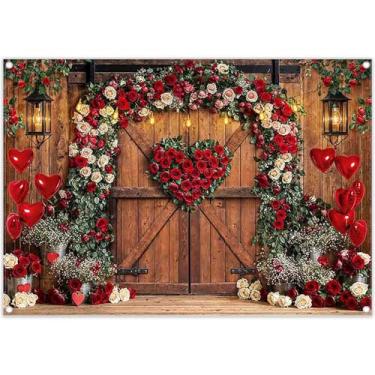 Imagem de YCUCUEI 2,1 x 1,5 m Tecido Dia do Amor Fundo Marrom Porta de Celeiro Balões de Coração Vermelho Arco Rosa Fundo Fotografia Rústico Casamento Chá de Nupcial Decorações de Festa Adereços Faixa