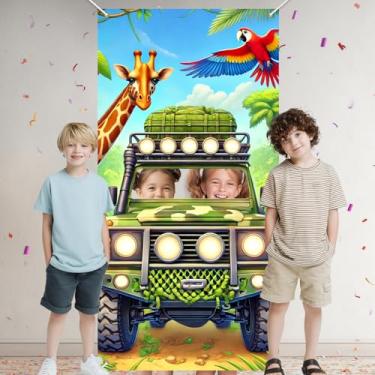 Imagem de HOMETITUTE Banner de porta com foto Safari Jungle Adventure 89 x 180 cm fundo de Jeep com girafa papagaio e cena de floresta para decoração de festa de aniversário infantil