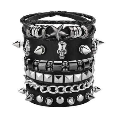 Imagem de Ulekuke 4 pulseiras punk para homens e mulheres, conjunto de pulseiras de couro cravejado, acessórios de joias de rock gótico para roupa dos anos 80, fantasia de Emo Rocker, One size, Sem Pedra