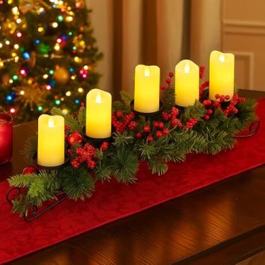 Imagem de Yungyan Peça central de mesa de Natal 76 cm, inclui 5 castiçais de LED operados por bateria, ramo de Norfolk, frutas vermelhas, bolas vermelhas e base, decorações de mesa de jantar artificiais de