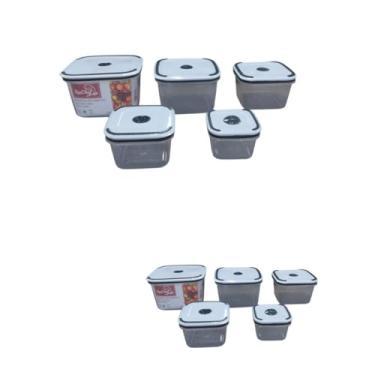 Imagem de Conjunto de Potes Herméticos Quadrados, 5 Peças, Plástico Transparente com Tampa Branca, Tamanhos Variados 320ml a 2300ml, Sistema de Vedação a Vácuo