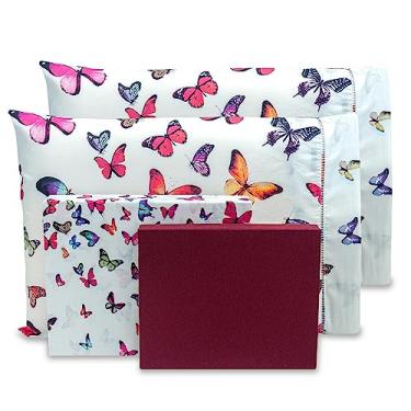 Imagem de Jogo Lençol Queen 6 Peças Ponto Palito Estampado Percal 180 fios 40CM ALTURA (Borboletas Vinho)