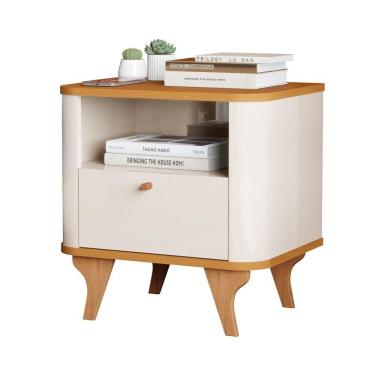 Imagem de Mesa De Cabeceira Aruma Slim Com Cantos Arredondados Off White Com Nature