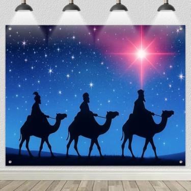 Imagem de HOMETITUTE Pano de fundo de três homens sábios 2,4 x 1,8 m, presépio estrela de Belém, cenário religioso, faixa de cenário religioso para igreja, festa noturna santa, decoração de férias
