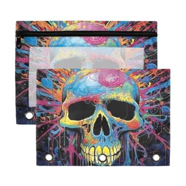 Imagem de Blueangle Bolsa de lápis de caveira colorida para fichário de 3 anéis, pacote com 2 bolsas de lápis com janela transparente com zíper para escritório (398)