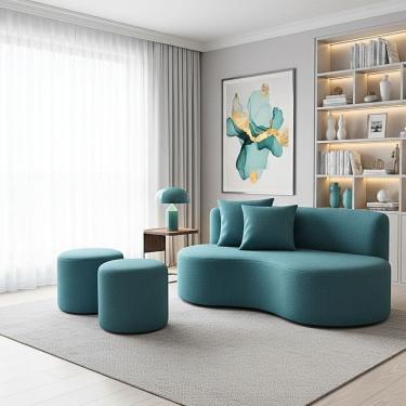 Imagem de Conjunto Sofá Curvo Orgânico + 2Puffs Nature Gaia Suede Azul Turquesa - Montanaris Decor