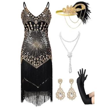 Imagem de RRYIO Vestidos femininos melindrosa anos 20, vestidos Great Gatsby, vestido de coquetel com franjas de lantejoulas, vestido dos anos 20 para Harlem (ouro preto, M)