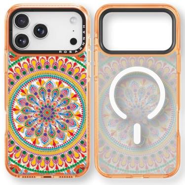 Imagem de Rosarnnah Capa para iPhone 17 Pro fofa - compatível com Magsafe - Capa de telefone à prova de choque com proteção contra quedas de grau militar de 2 m - design mandala pavão (16,5 cm) laranja cósmico