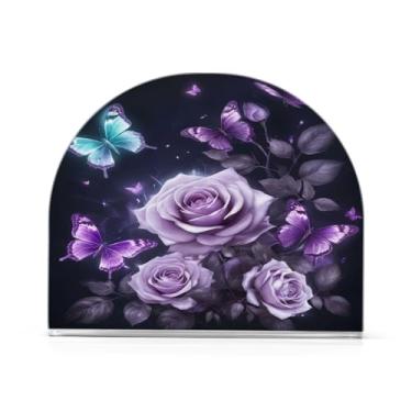 Imagem de Qilmy Porta-guardanapos acrílico de flores e borboletas roxas, suporte de guardanapo de coquetel de plástico transparente para mesas de restaurante de cozinha, 1 peça