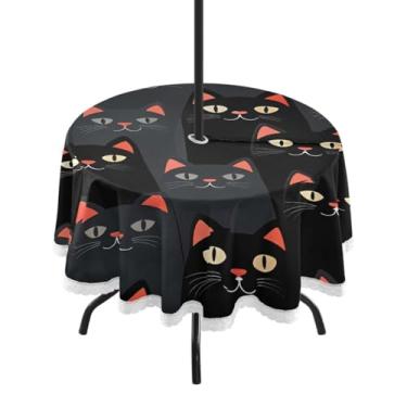 Imagem de Qilmy Black Cat Toalha de mesa redonda impermeável de 152 cm com orifício para guarda-chuva e zíper – uso externo / interno resistente para pátio, churrascos, piqueniques, festas (serve para mesas
