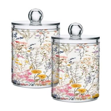 Imagem de Qilmy Qtip Suporte de boticário de 400 ml, frasco de plástico transparente de flores silvestres com tampa, dispensador de recipiente de banheiro para bola de algodão, cotonete, fio dental, pacote com