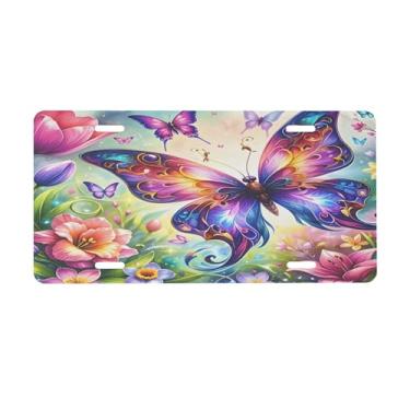Imagem de Placa de licença floral colorida borboleta para a frente do carro placas de carro alumínio metal adequado para caminhão placa de porta de carro bar café acessórios automotivos para homens mulheres 15