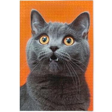 Imagem de Quebra-cabeça animal cinza gato britânico fofo adulto 1000 peças estampa de animais quebra-cabeças divertidos para adultos presentes personalizados para jogo de elefante branco, 75 cm x 50 cm