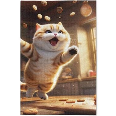 Imagem de Quebra-cabeça fofo gato gordo pulando 500 peças para adultos jogo de tecnologia presentes legais exclusivos pintura de arte animal personalizada, 52 cm x 37,8 cm