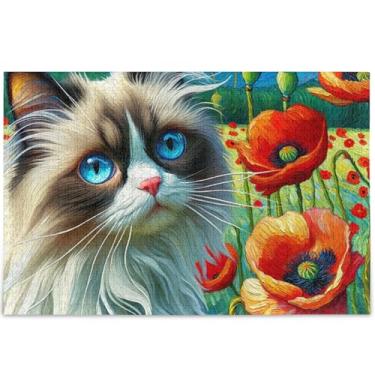 Imagem de Ragdoll Gato Papoula Floral Adultos Quebra-cabeça 1000 Peças Cenário Arte Animal Único Colorido Quebra-cabeça Personalizado Família Elefantes Brancos, Presentes, 75 cm x 50 cm