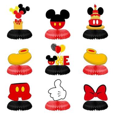 Imagem de 9Pcs Cartoon Mouse One Birthday Honeycomb Centerpiece Black Red Yellow Themed Tabletop Centerpieces for Classtical Mouse Double - Sided Anime Mouse Party Supplies Kit for Table for Boy 1st Bday Party