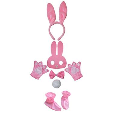 Imagem de Petitebella Tiara de coelho, máscara de laço e luvas de cauda, 7 peças, fantasia 1-5 anos (rosa, tamanho único)