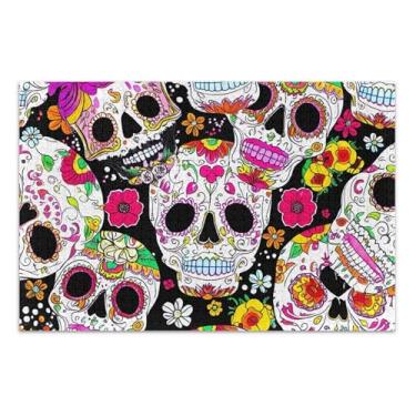 Imagem de Quebra-cabeça colorido de crânios de açúcar flores preto adulto 500 peças paisagem floral difícil quebra-cabeça branco presentes de festa de elefante, 51 x 35 centímetros