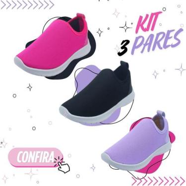 Imagem de Kit 3 Pares Tênis Infantil Feminino Macio Antiderrapante Leve Escolar 