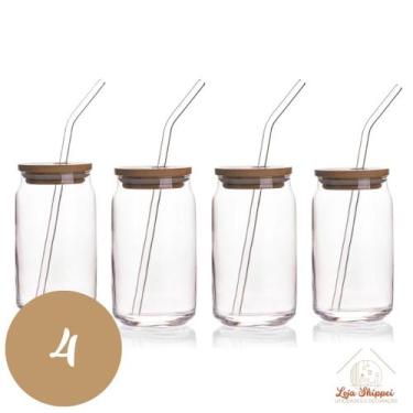 Imagem de Copo de Vidro 500ml com Tampa Bambu e Canudo Reutilizável para Bebidas