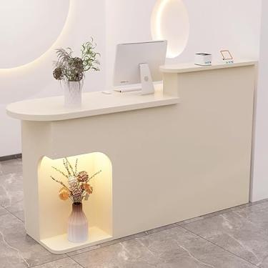Imagem de Mesa de recepção de luz LED moderna com gaveta e armário - Mesa de balcão de varejo para loja, escritório, sala de recepção - Recepção com balcão frontal - bege, 130 x 50 x 105 cm