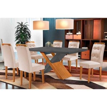 Imagem de Sala De Jantar Completa Imperatriz Tampo Madeirado C- Vidro Reto 180x90 E 6 Cadeiras Imperatriz Imbuia - Veludo Creme - Rufato