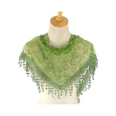 Imagem de Lenço Triangular Feminino 125x36cm Com Borlas, Bordado Floral Em Renda