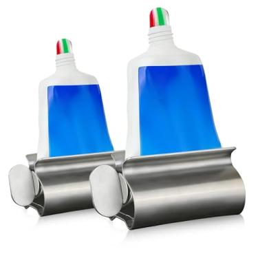 Imagem de Dispensador de espremedor de pasta de dente de aço inoxidável, pacote com 2 (grande e pequeno) rolo ergonômico para organização de banheiro, prata