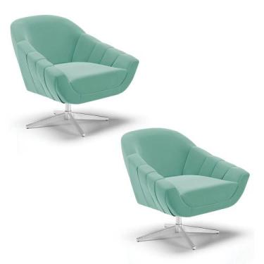 Imagem de Kit 02 Poltronas Giratória Giovana Suede Azul Turquesa Base Cromada - 