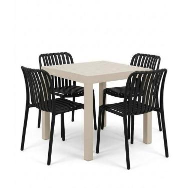 Imagem de Kit 1 Mesa Creta e 4 Cadeira Cancun em Polipropileno Nude/Preto